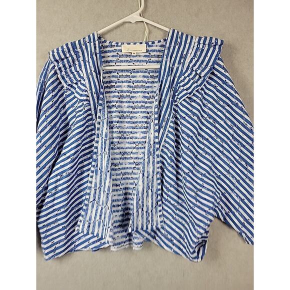 Anthropologie Blue Floral Striped Eyelet Cropped Ruffle Cardigan Women's One Sz - Picture 2 of 11